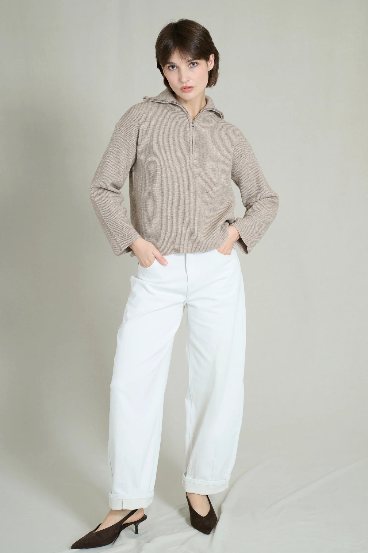 Heather beige zip-neck cropped sweater 1