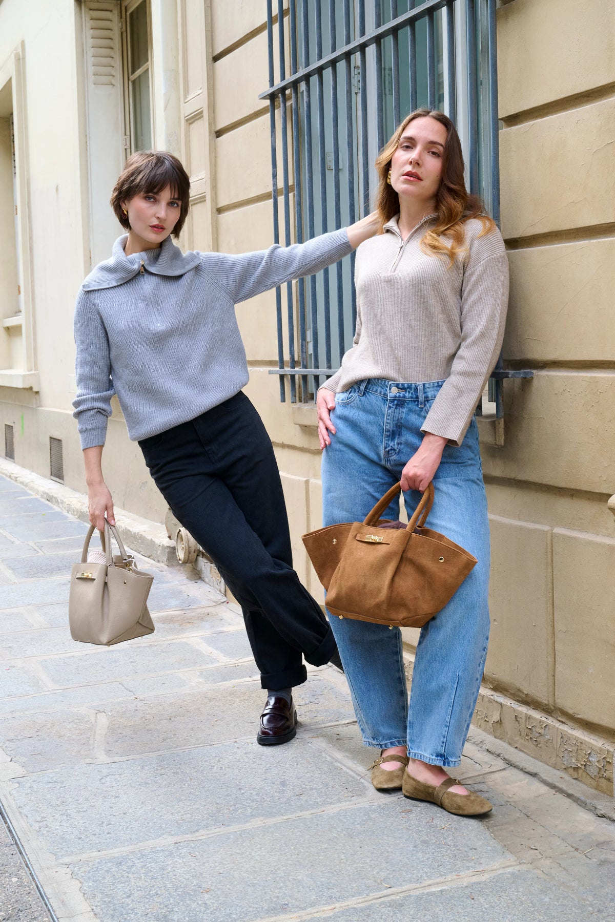 Heather beige zip-neck cropped sweater 2