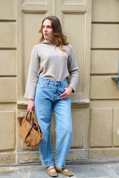 Heather beige zip-neck cropped sweater 5