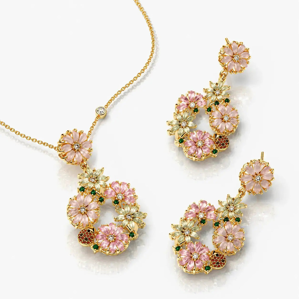 Jardin Floral Zirconia Necklace & Earrings Set - 14K Gold 2