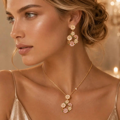 Jardin Floral Zirconia Necklace & Earrings Set - 14K Gold 4
