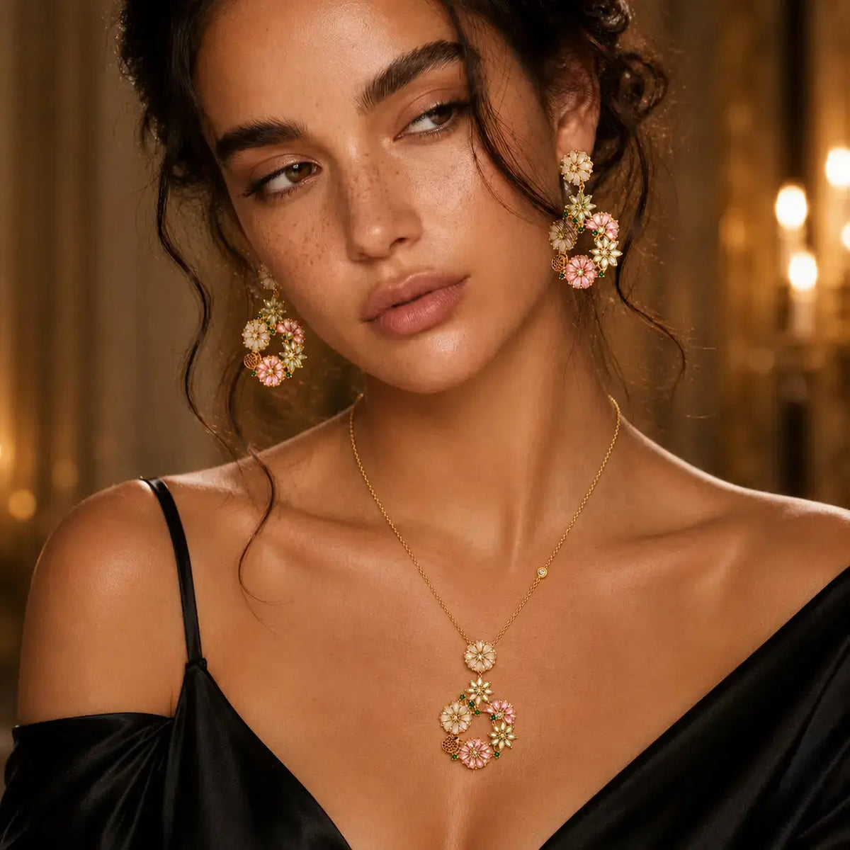 Jardin Floral Zirconia Necklace & Earrings Set - 14K Gold 7