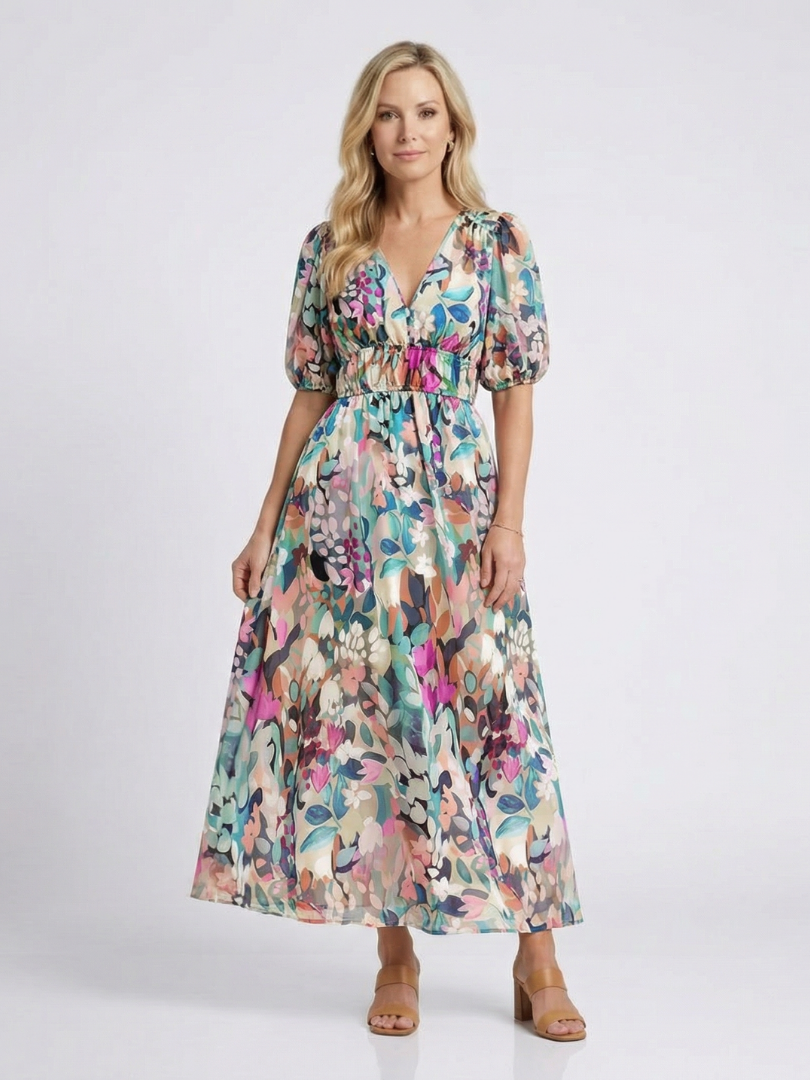 Jasmine | Women's Floral V-Neck Midi Dress 0