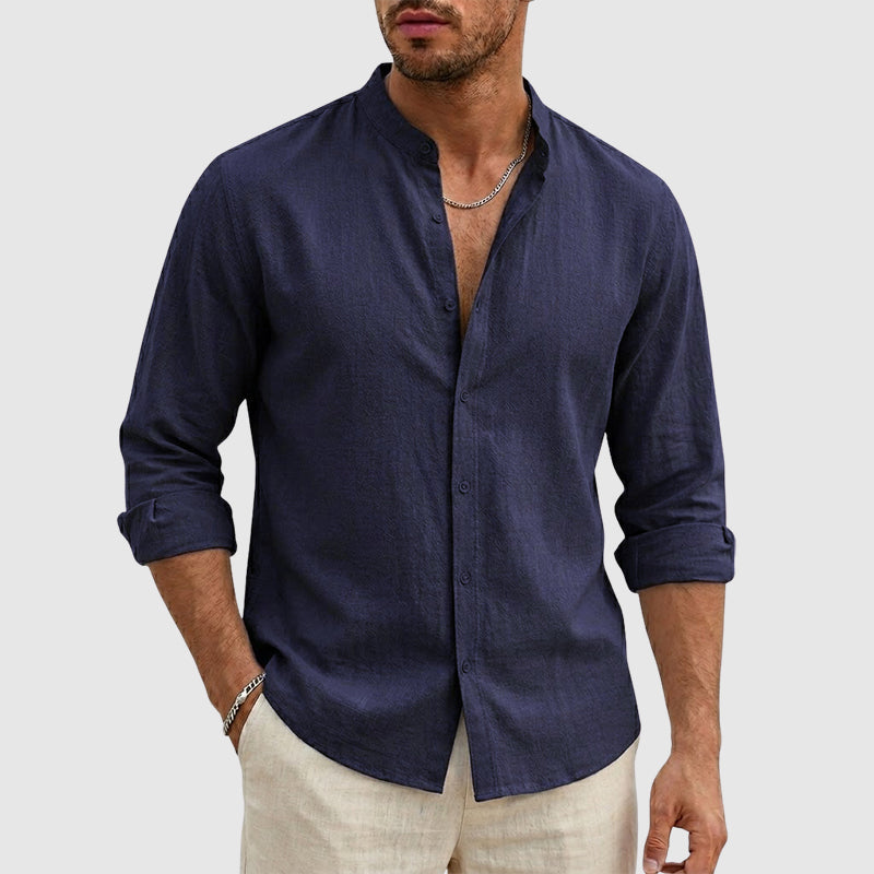 Justin | Linen Stand Collar Long Sleeve Shirt 0
