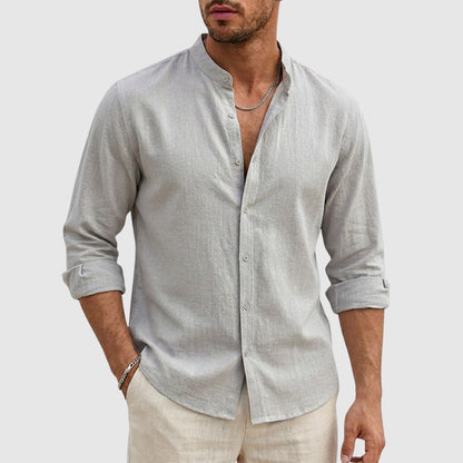 Justin | Linen Stand Collar Long Sleeve Shirt 4