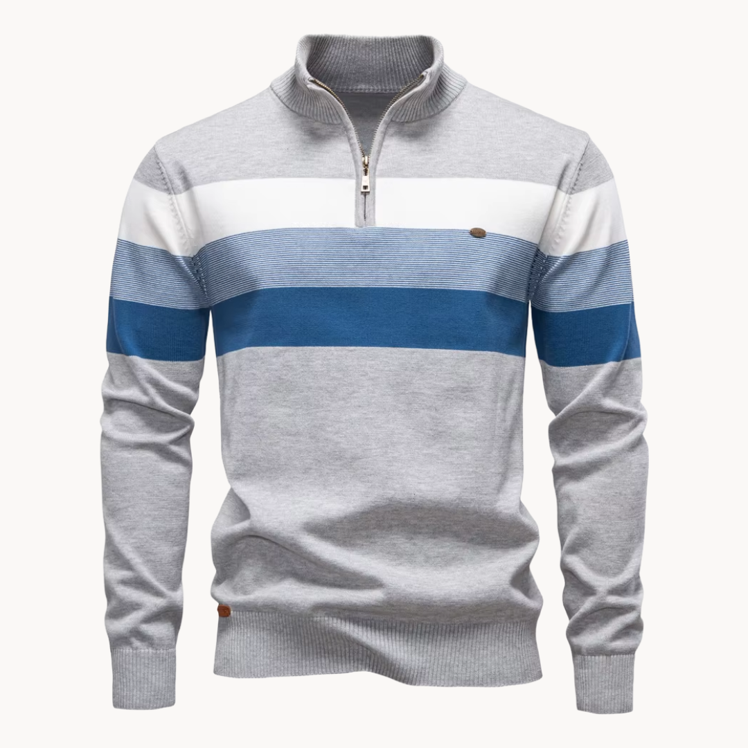 Knit Quarter Zip Sweater with Mock Neck and Stripes 0