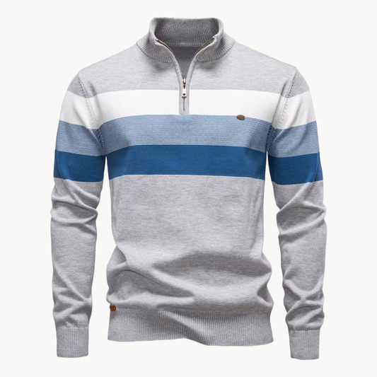 Knit Quarter Zip Sweater with Mock Neck and Stripes 0