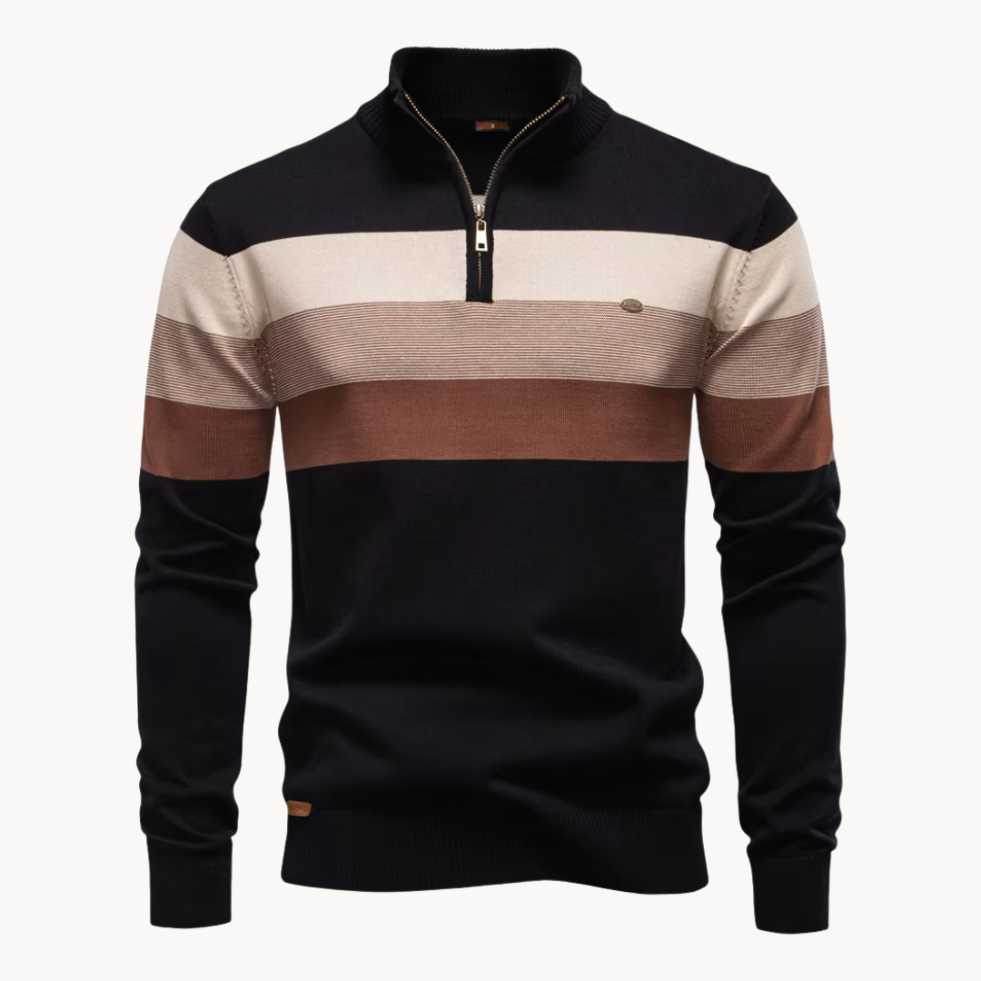 Knit Quarter Zip Sweater with Mock Neck and Stripes 1