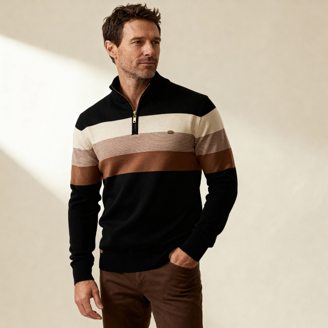 Knit Quarter Zip Sweater with Mock Neck and Stripes 2