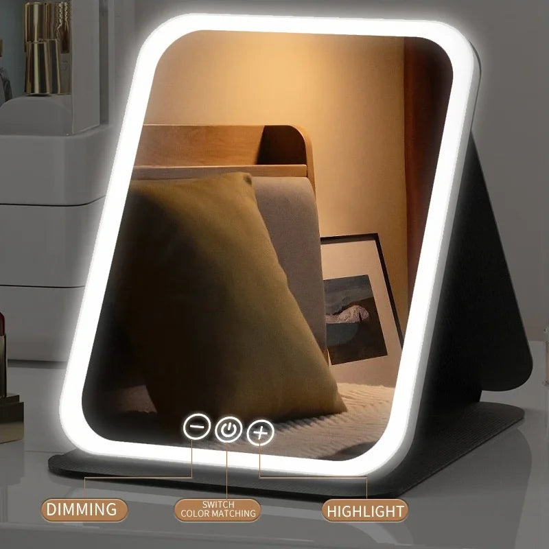 LED Makeup Mirror 3 Colors Lighting Dimmable with Touch Screen Fold Cosmetic Makeup Mirror Rechargeable Tabletop for Travel Home 1