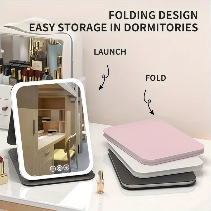 LED Makeup Mirror 3 Colors Lighting Dimmable with Touch Screen Fold Cosmetic Makeup Mirror Rechargeable Tabletop for Travel Home 2
