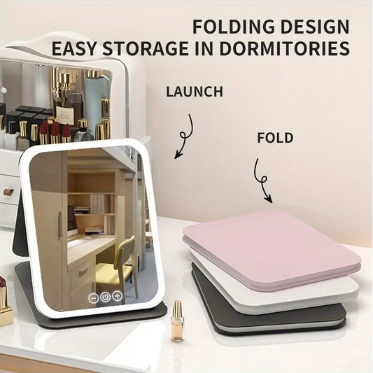 LED Makeup Mirror 3 Colors Lighting Dimmable with Touch Screen Fold Cosmetic Makeup Mirror Rechargeable Tabletop for Travel Home 2
