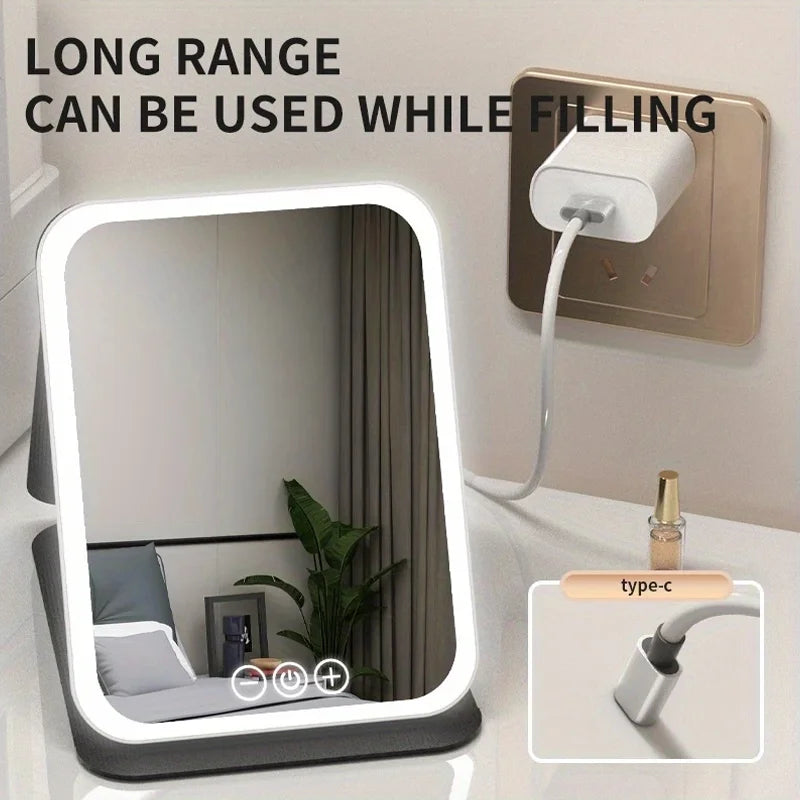 LED Makeup Mirror 3 Colors Lighting Dimmable with Touch Screen Fold Cosmetic Makeup Mirror Rechargeable Tabletop for Travel Home 4