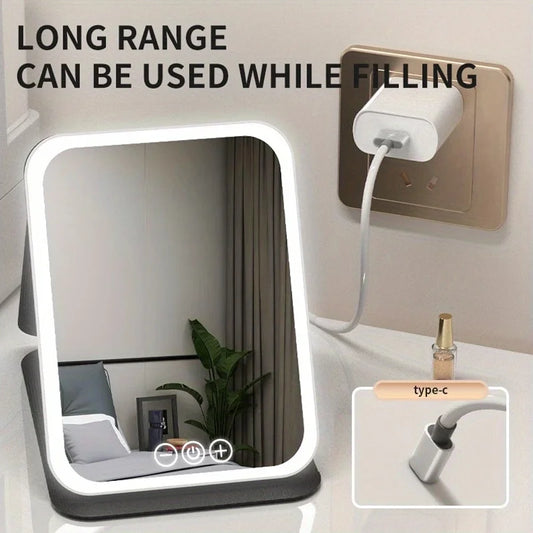 LED Makeup Mirror 3 Colors Lighting Dimmable with Touch Screen Fold Cosmetic Makeup Mirror Rechargeable Tabletop for Travel Home 4