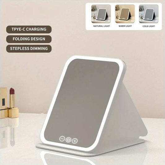 LED Makeup Mirror 3 Colors Lighting Dimmable with Touch Screen Fold Cosmetic Makeup Mirror Rechargeable Tabletop for Travel Home 6
