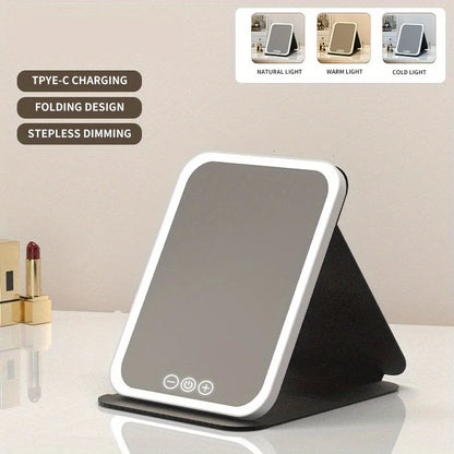 LED Makeup Mirror 3 Colors Lighting Dimmable with Touch Screen Fold Cosmetic Makeup Mirror Rechargeable Tabletop for Travel Home 7