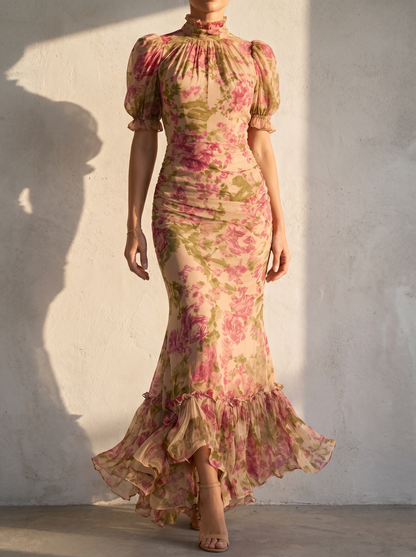 LUCIA | Women's Dress with Vintage Rose Print & Puff Sleeves | Elegant Wedding Guest Dress for Romantic Occasions 0