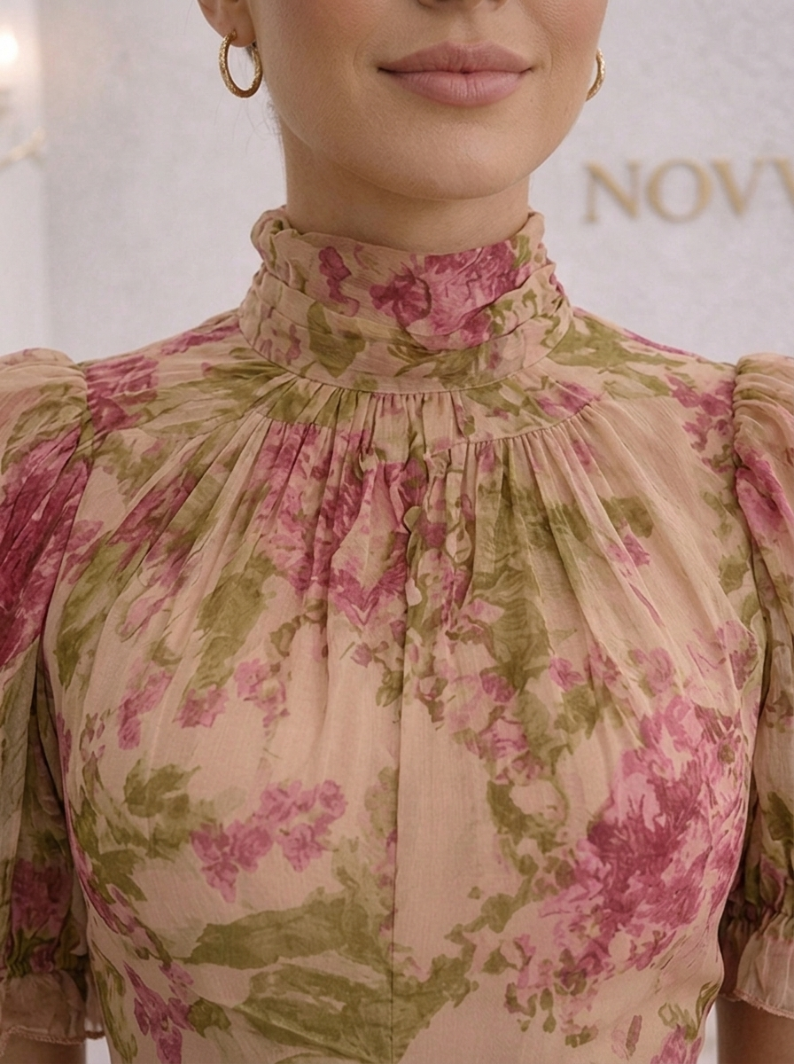 LUCIA | Women's Dress with Vintage Rose Print & Puff Sleeves | Elegant Wedding Guest Dress for Romantic Occasions 1