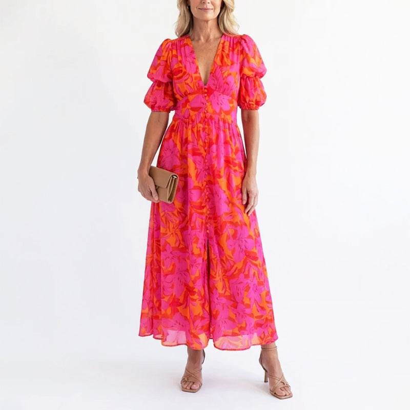 Lara | Puff Sleeve Floral Flowing Midi Dress 0