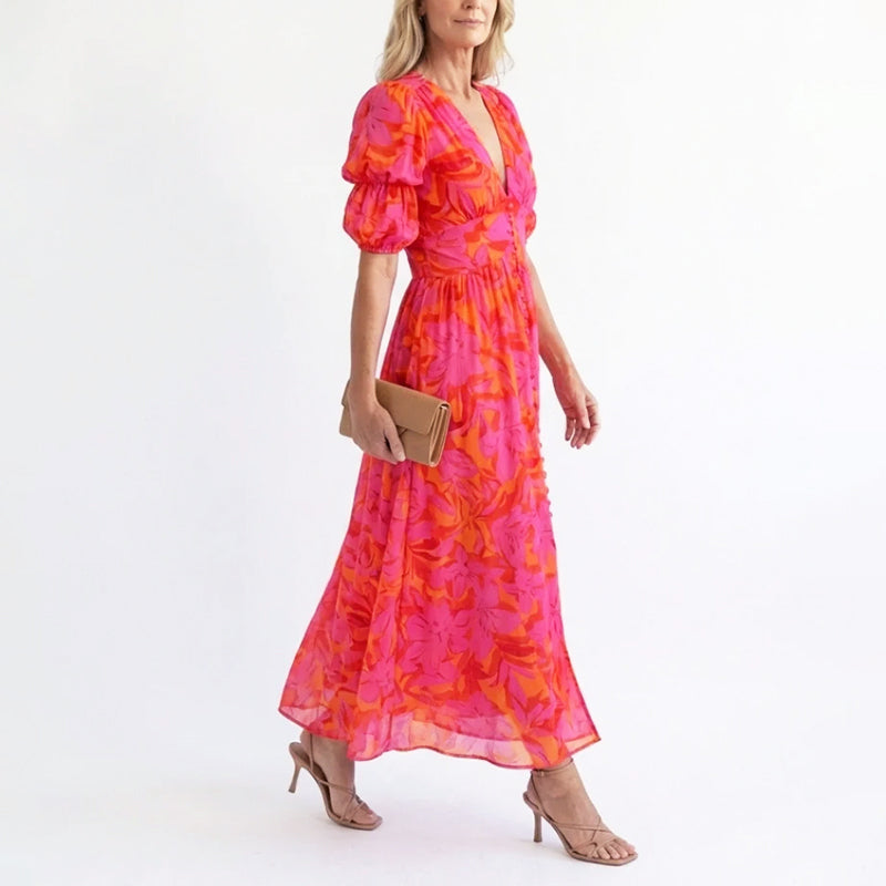 Lara | Puff Sleeve Floral Flowing Midi Dress 1
