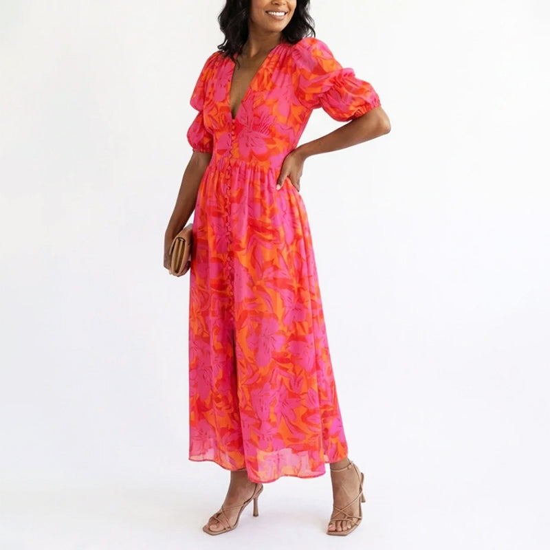 Lara | Puff Sleeve Floral Flowing Midi Dress 3