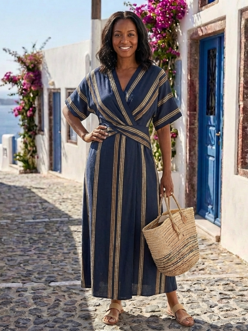 Laura | Women's V Neck Striped Wrap Maxi Dress 2