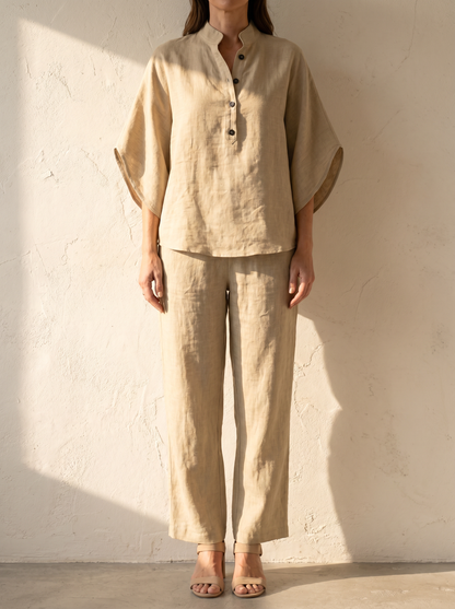 Linen Cotton Women's Set | Two Piece Loungewear with Batwing Sleeves | Effortless Style for Everyday Comfort 1