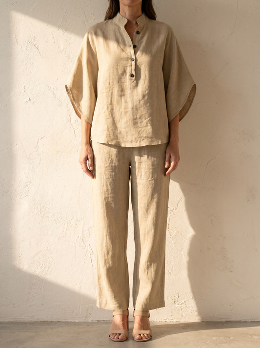 Linen Cotton Women's Set | Two Piece Loungewear with Batwing Sleeves | Effortless Style for Everyday Comfort 1