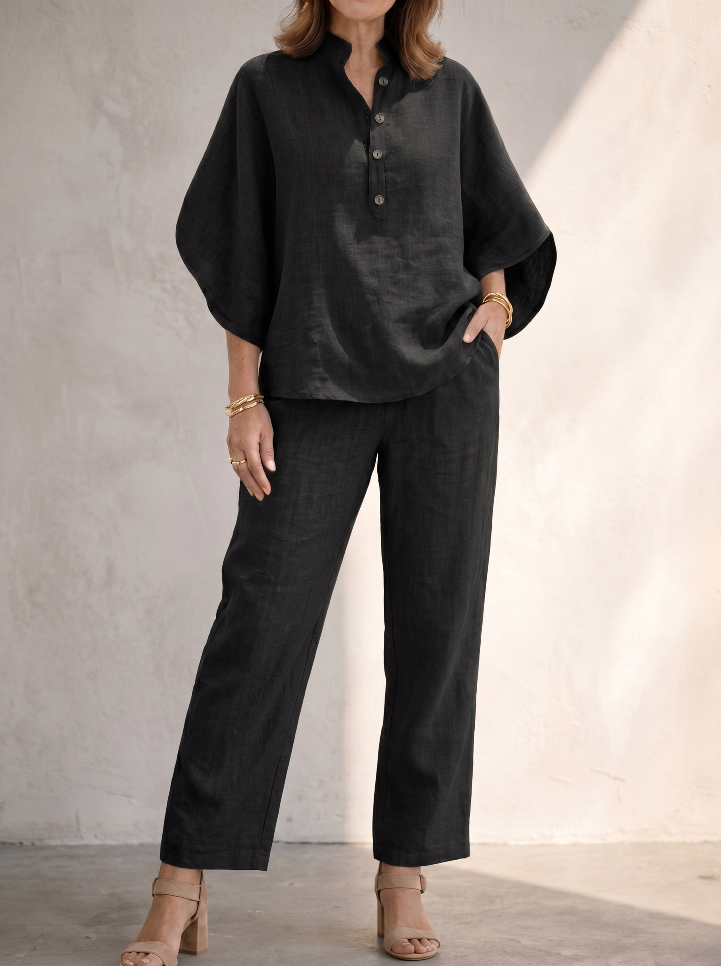 Linen Cotton Women's Set | Two Piece Loungewear with Batwing Sleeves | Effortless Style for Everyday Comfort 5