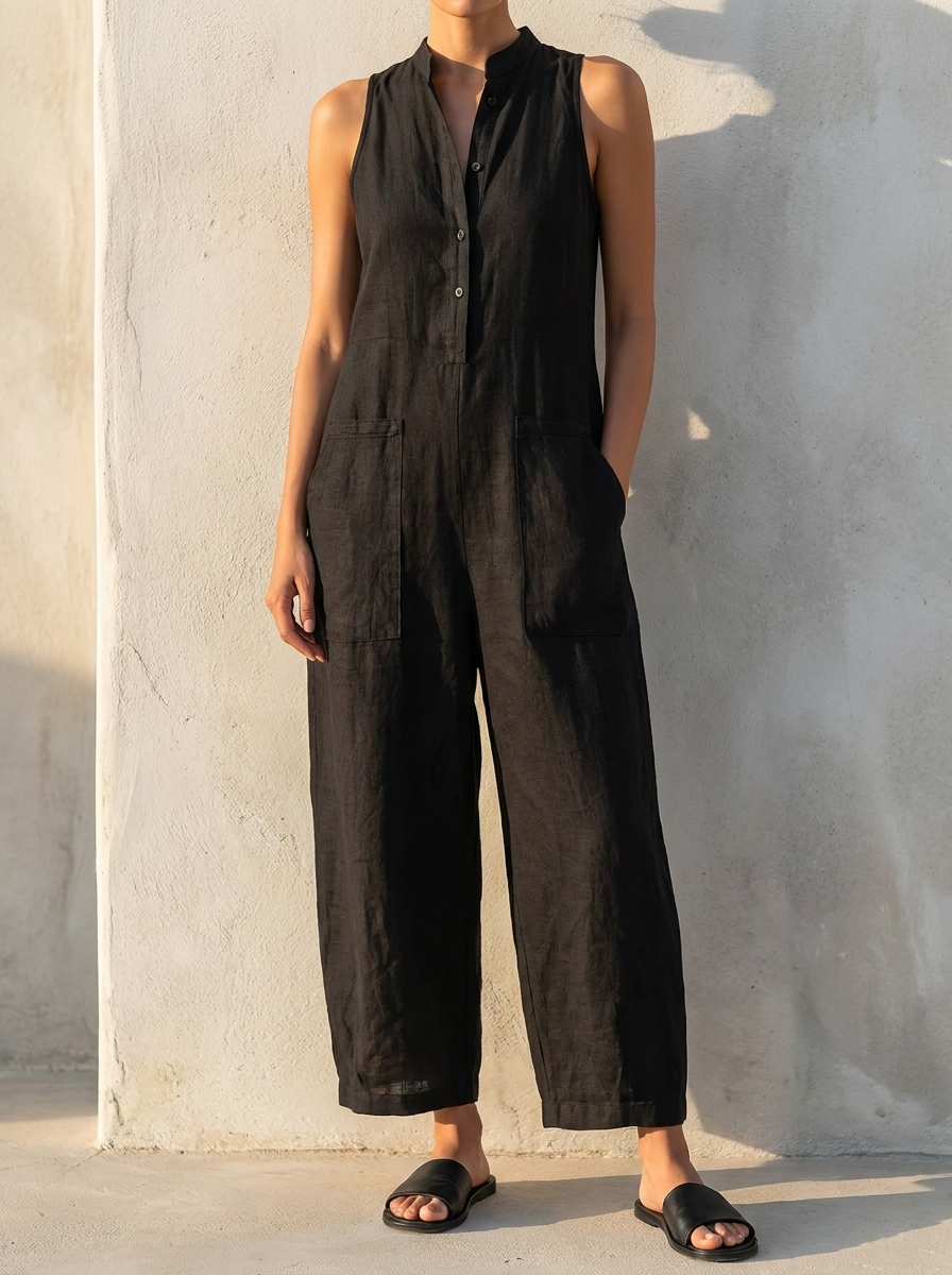 Linen Dungarees | Women's Sleeveless Jumpsuit with Button Placket | Breathable Fabric for Effortless Style 0