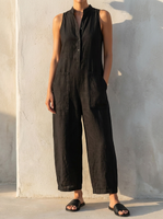 Linen Dungarees | Women's Sleeveless Jumpsuit with Button Placket | Breathable Fabric for Effortless Style 0