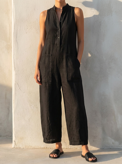 Linen Dungarees | Women's Sleeveless Jumpsuit with Button Placket | Breathable Fabric for Effortless Style 0
