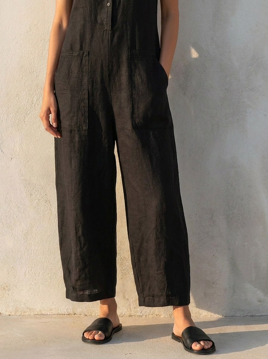 Linen Dungarees | Women's Sleeveless Jumpsuit with Button Placket | Breathable Fabric for Effortless Style 1