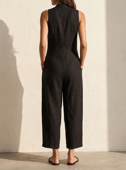 Linen Dungarees | Women's Sleeveless Jumpsuit with Button Placket | Breathable Fabric for Effortless Style 2