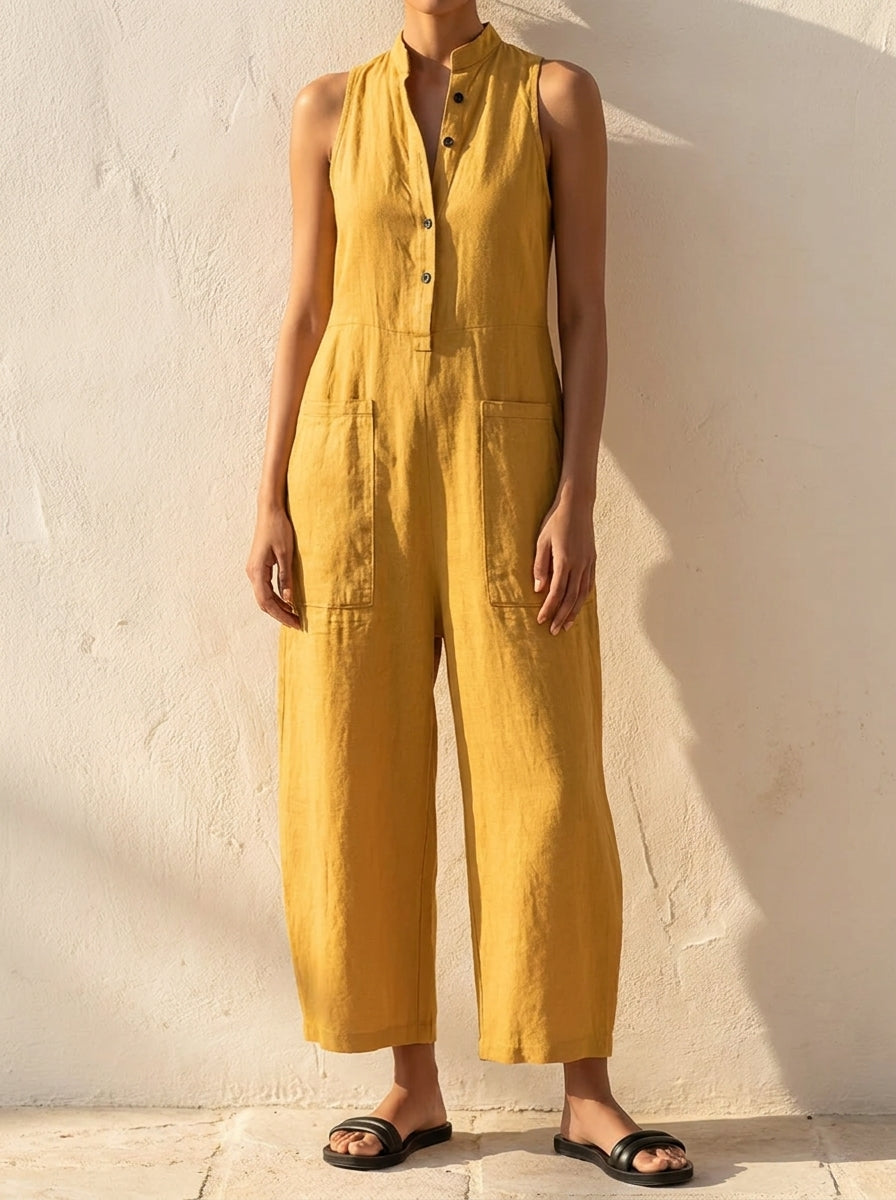 Linen Dungarees | Women's Sleeveless Jumpsuit with Button Placket | Breathable Fabric for Effortless Style 3