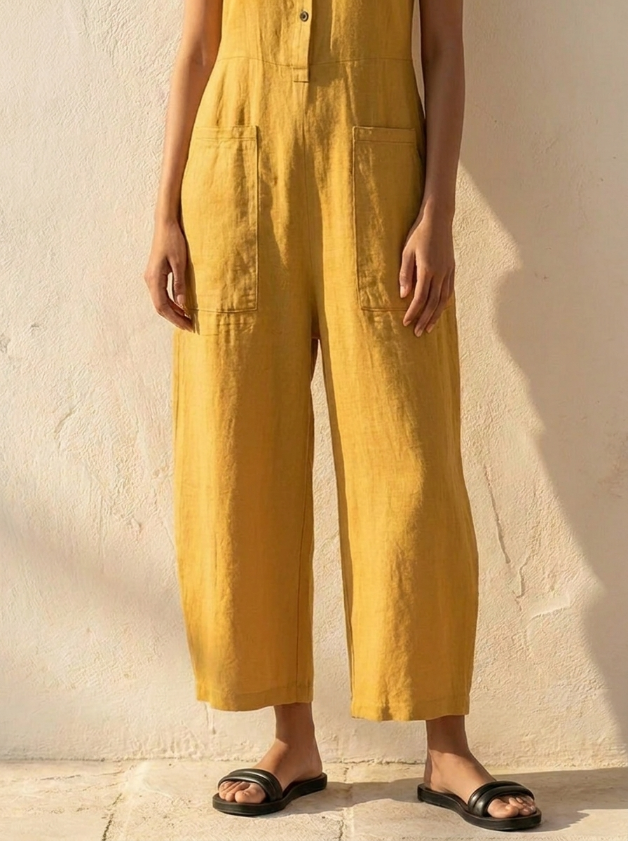 Linen Dungarees | Women's Sleeveless Jumpsuit with Button Placket | Breathable Fabric for Effortless Style 4