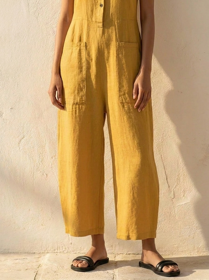Linen Dungarees | Women's Sleeveless Jumpsuit with Button Placket | Breathable Fabric for Effortless Style 4