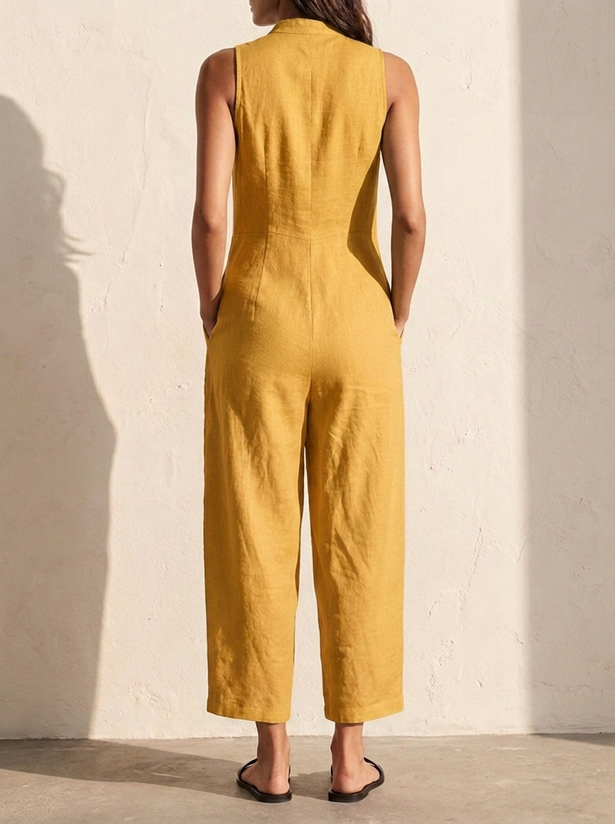 Linen Dungarees | Women's Sleeveless Jumpsuit with Button Placket | Breathable Fabric for Effortless Style 5