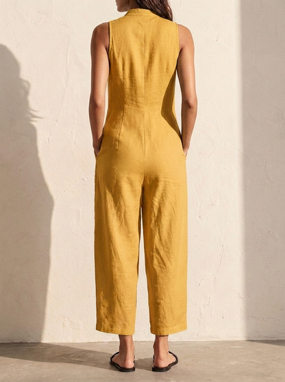 Linen Dungarees | Women's Sleeveless Jumpsuit with Button Placket | Breathable Fabric for Effortless Style 5
