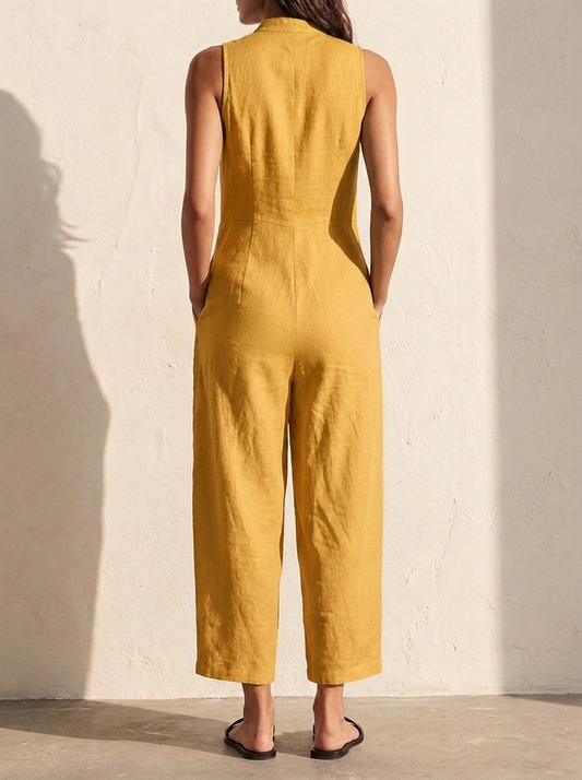 Linen Dungarees | Women's Sleeveless Jumpsuit with Button Placket | Breathable Fabric for Effortless Style 5