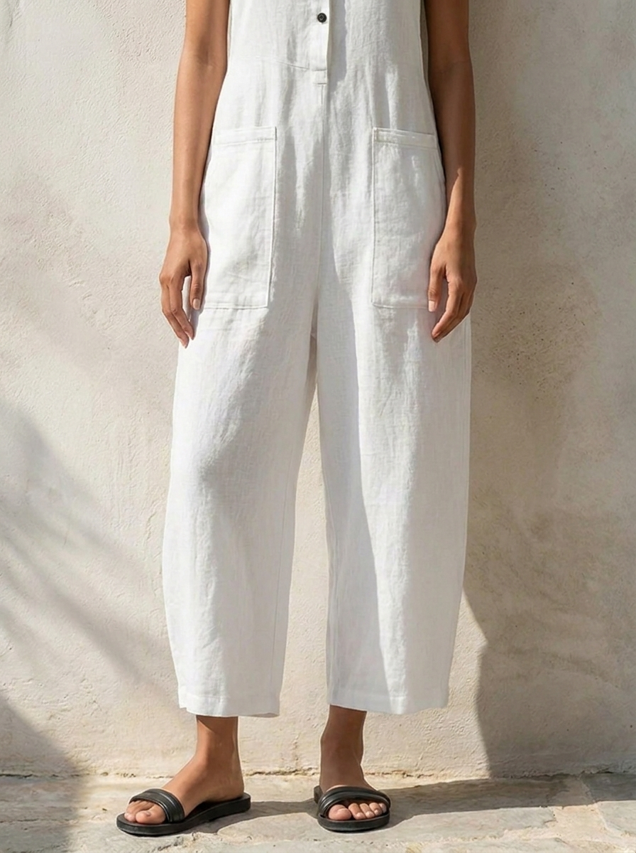 Linen Dungarees | Women's Sleeveless Jumpsuit with Button Placket | Breathable Fabric for Effortless Style 7