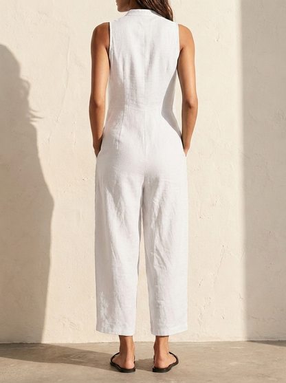 Linen Dungarees | Women's Sleeveless Jumpsuit with Button Placket | Breathable Fabric for Effortless Style 8