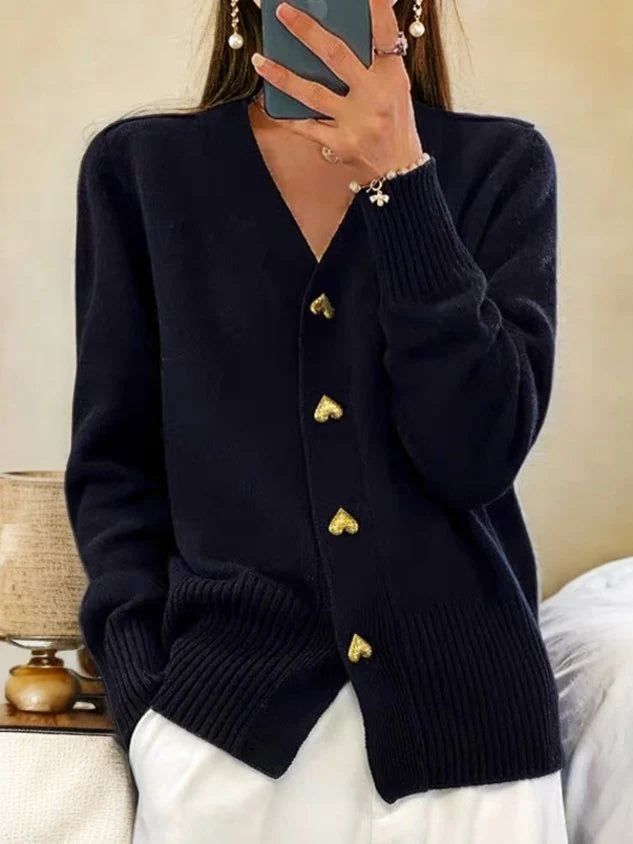 Liora Long Cardigan | Soft Knit, Relaxed Fit, V-Neck, Heart-Shaped Buttons 0