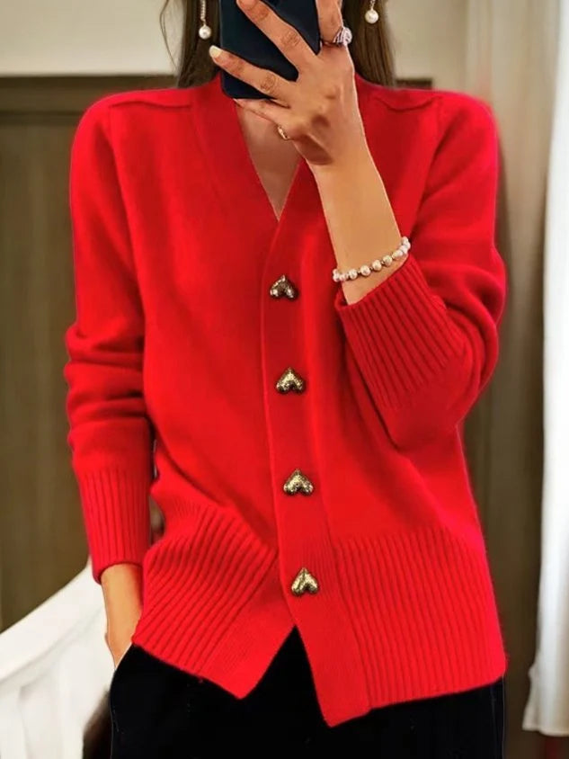 Liora Long Cardigan | Soft Knit, Relaxed Fit, V-Neck, Heart-Shaped Buttons 3