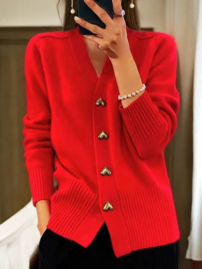 Liora Long Cardigan | Soft Knit, Relaxed Fit, V-Neck, Heart-Shaped Buttons 3