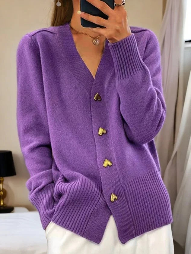 Liora Long Cardigan | Soft Knit, Relaxed Fit, V-Neck, Heart-Shaped Buttons 4