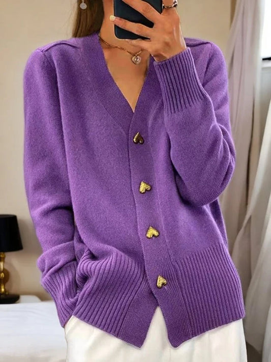 Liora Long Cardigan | Soft Knit, Relaxed Fit, V-Neck, Heart-Shaped Buttons 4