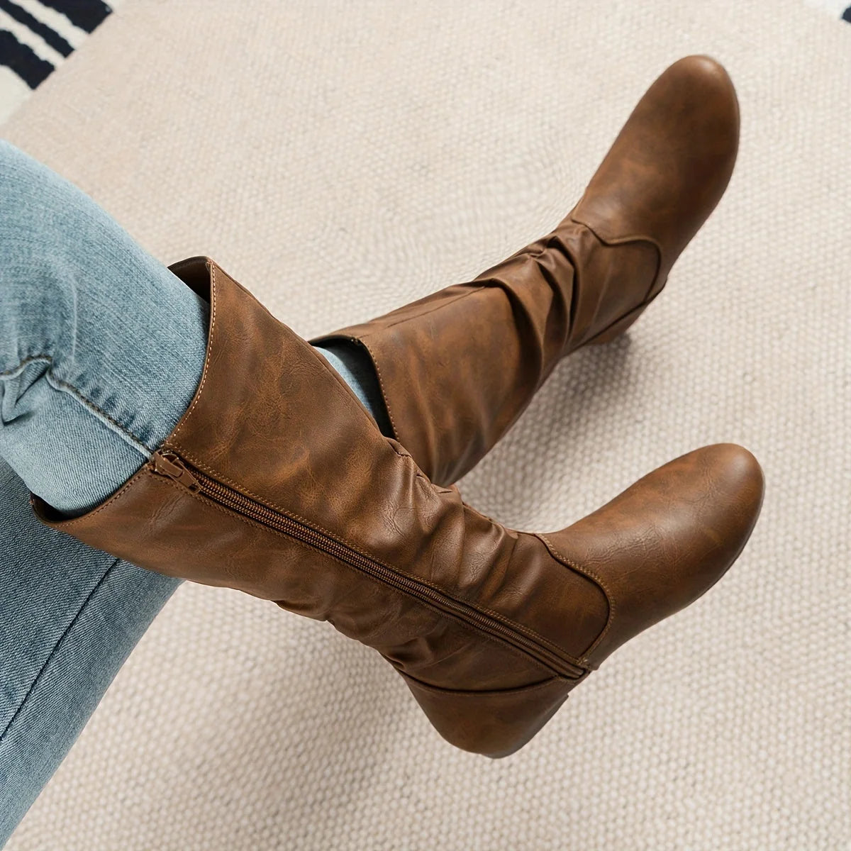 Luna Knee High Boots | Women's Brown Leather with Side Zip 1
