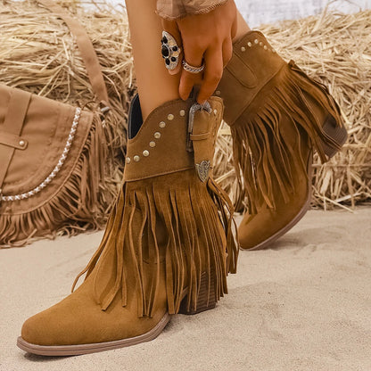 Lyra Cowboy Boots | Women's Wide Calf, Fringe Design, Block Heel 1