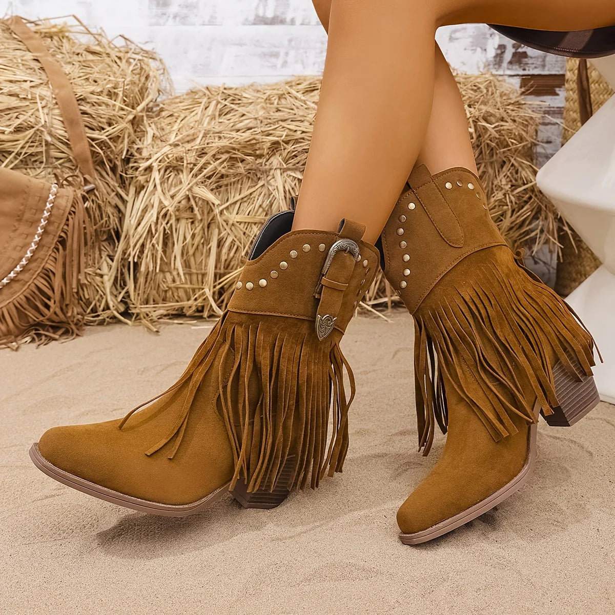 Lyra Cowboy Boots | Women's Wide Calf, Fringe Design, Block Heel 2